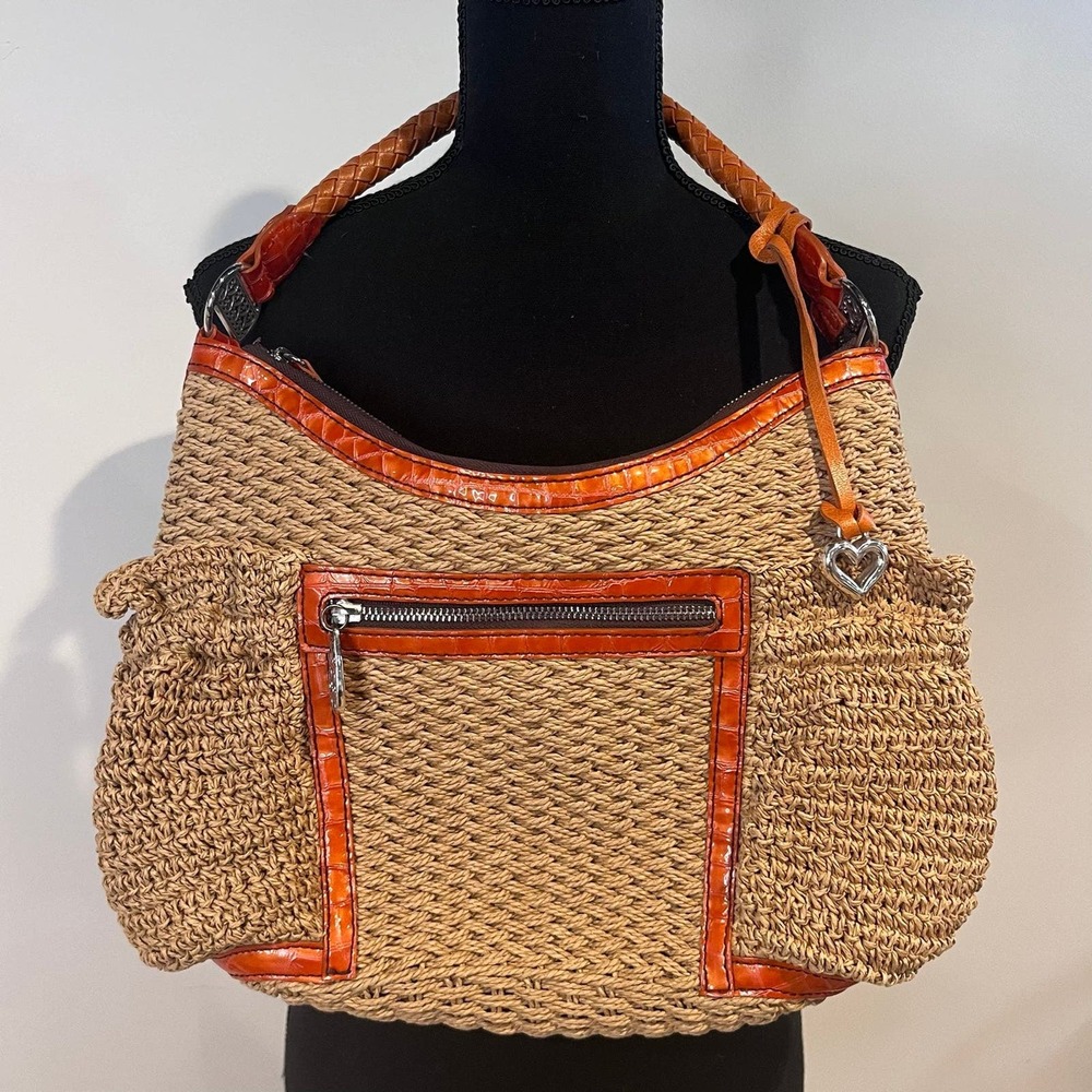 BRIGHTON Purse Shoulder Bag Brown Woven Orange Leather Trim Braided Strap